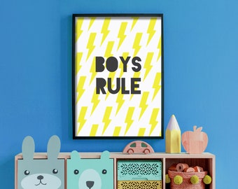 Boys Rule - Fun Boys Bedroom Print, Nursery Decor, Lightening Bolt, Children’s Wall Art, Kids Playroom Poster, Brothers, Inspirational, Cool