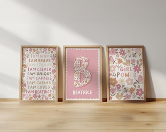 Floral nursery print set: personalised name, affirmation, girl power art