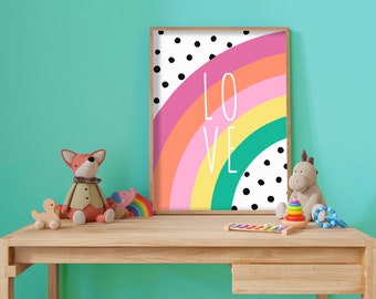 Love Rainbow: arte de pared brillante y colorido, póster para dormitorio infantil, decoración de sala de juegos, impresión para guardería