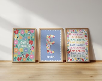 Colourful floral print set: personalised name, affirmation, girl power nursery art