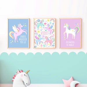Personalisierte Einhorn Poster Set - Kinderzimmer Poster, Kinderzimmer Wandkunst, Kinderzimmer Dekor, Kinderzimmer Dekor, Kinderzimmer Dekor