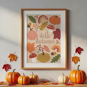 Hello autumn - autumn print, pumpkin, toadstool, wall decor, fall poster image 1