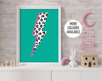 Leopard Print Lightening Bolt - Children's Print, Colourful Kids Playroom Art Print, Girls Wall Art, Bedroom Decor, Fun Nursery Poster