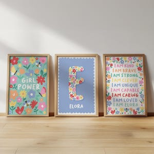 Kleurrijke bloemenprintset: gepersonaliseerde naam, affirmatie, girlpower babykamerdecoratie