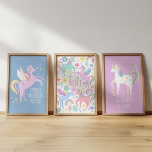 Personalised unicorn print set: pastel nursery wall art
