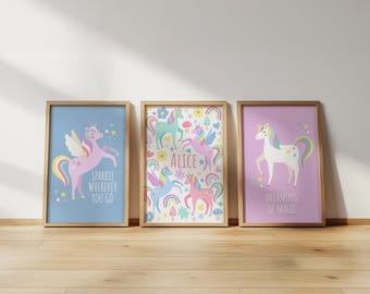 Personalised unicorn print set: pastel nursery wall art