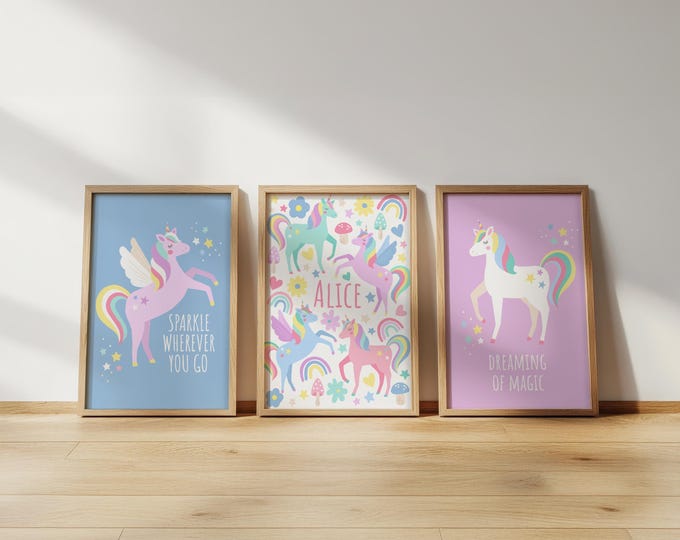 Personalised unicorn print set: pastel nursery wall art