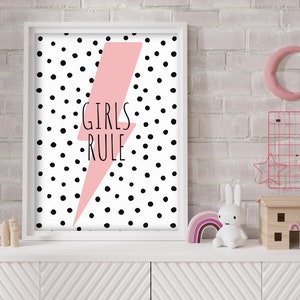 Girls Rule - Lightening Bolt, Children's Print, Colourful Kids Playroom Art Print, Girls Wall Art, Bedroom Decor, Positive, Girlie, Fun
