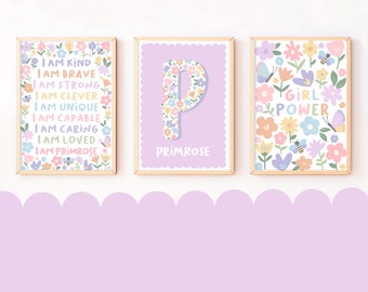 Flower Garden Print Set - Colourful Pastel Nursery Prints, Girls Floral Bedroom Decor, Kids Playroom Wall Art, Personalised Name