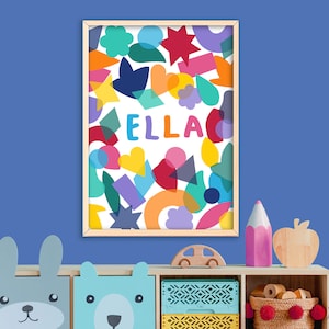 Formas coloridas: arte mural personalizado, decoración para dormitorio infantil, póster para guardería, lámina divertida para sala de juegos, habitación infantil