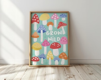 Grow wild: toadstool kids print, colourful woodland nursery art