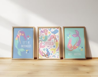 Personalised mermaid print set: kids room decor