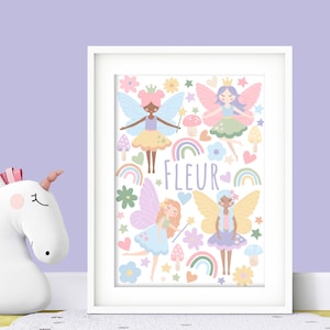 Stampa personalizzata di fate - Arte murale per la camera da letto delle bambine, poster personalizzato per la cameretta dei bambini, arredamento colorato per la sala giochi, poster per bambini, carina da ragazza