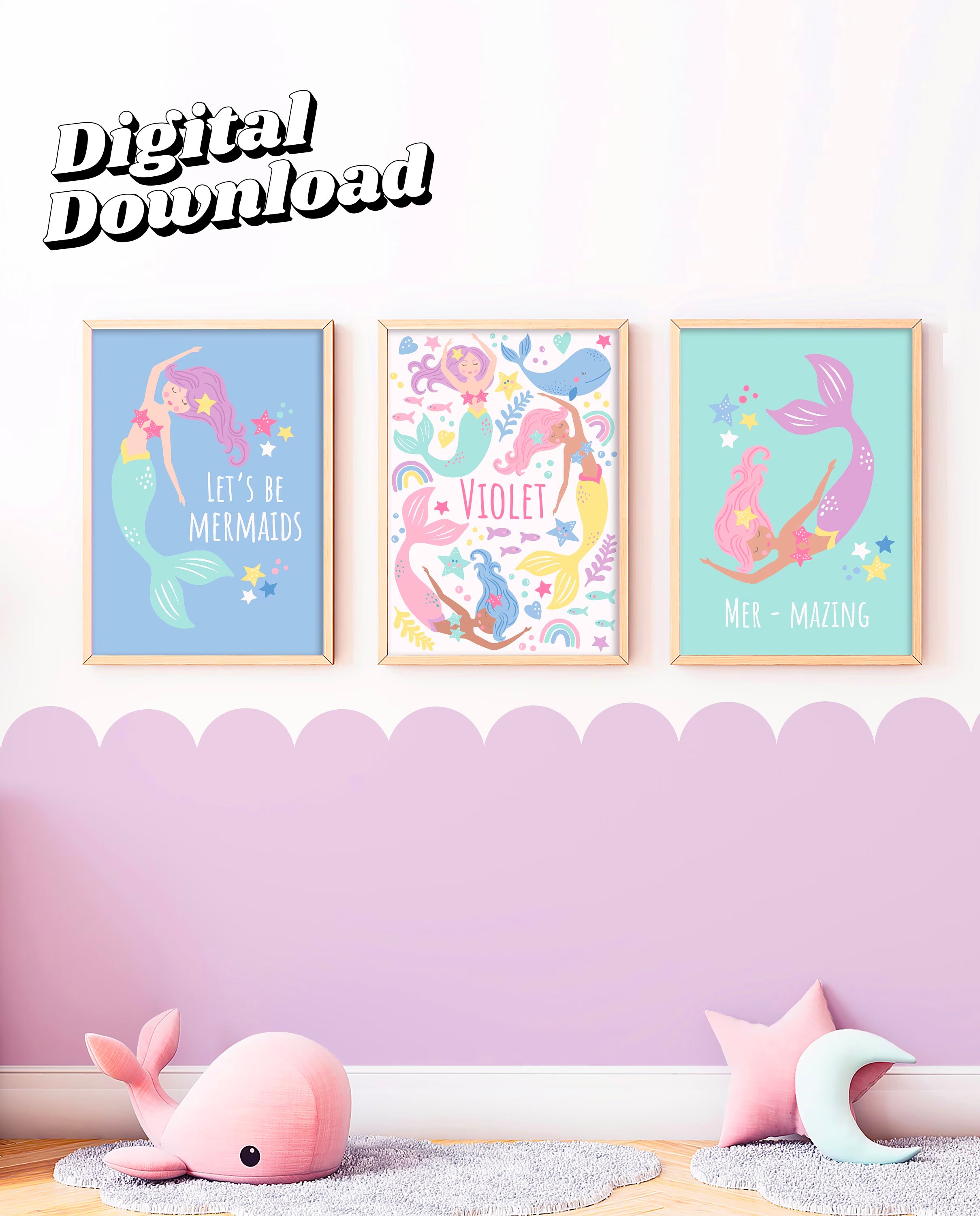 Personalised Mermaid Print Set: Kids Nursery Decor (digital Download ...