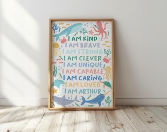 Personalised sea life affirmation print: kids nursery decor