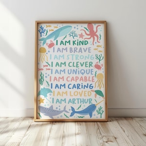 Personalised sea life affirmation print: kids nursery decor