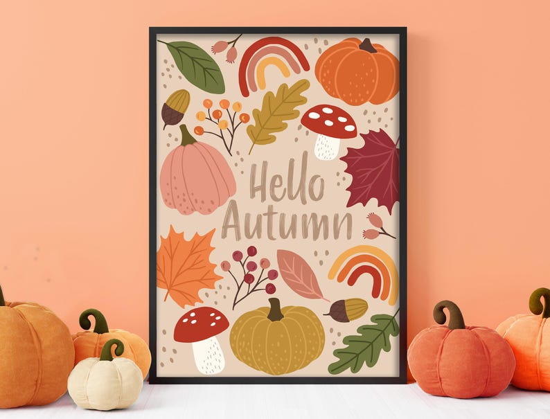 Hello autumn - autumn print, pumpkin, toadstool, wall decor, fall poster image 2