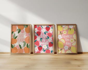 Fruity print set: strawberry, lemon, peach wall art