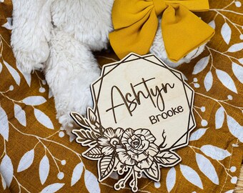 Engraved Wooden Baby Name Sign: Floral Newborn Announcement