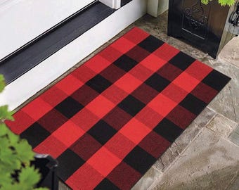 Buffalo Check Cotton Area Rug: Black and Red Plaid