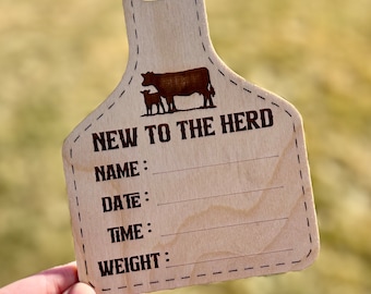 Rustic Cow Tag Birth Announcement Sign | Newborn Stats Plaque | Farmhouse Nursery Decor