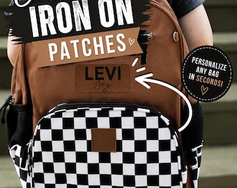 Custom Iron On Leather Name Patch for Backpacks, Lunch Boxes & Daycare Items | Personalized Kids Name Label for School Bags, Jackets