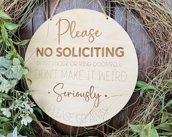 No Soliciting Sign: Baltic Birch Wood Door Hanger