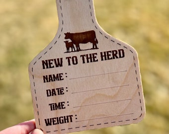 Engraved Wooden Cow Tag Birth Announcement | Newborn Photo Prop