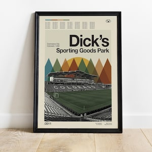 May include: A vintage-style poster featuring a black and white photo of Dick's Sporting Goods Park in Commerce City, Colorado. The poster has a geometric design with colorful triangles and a sunset behind the stadium. The text "Dick's Sporting Goods Park" is in bold black letters.