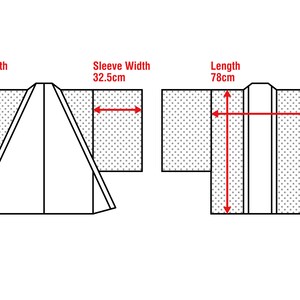 May include: Diagram showing the measurements of a kimono. The sleeve length is 50 cm, the sleeve width is 32.5 cm, the length is 78 cm, and the width is 60 cm.