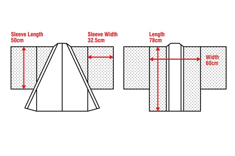 May include: Diagram showing the measurements of a kimono. The sleeve length is 50 cm, the sleeve width is 32.5 cm, the length is 78 cm, and the width is 60 cm.