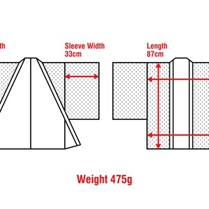 May include: A black and white line drawing of a kimono with measurements in centimeters. The kimono has a sleeve length of 45 cm, a sleeve width of 33 cm, a length of 87 cm, a width of 65 cm, and a width of 60 cm. The text "Weight 475g" is below the image.