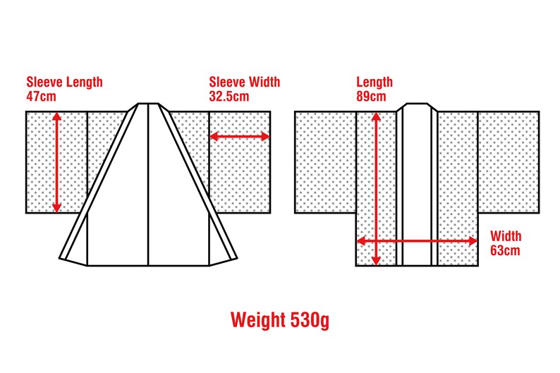 May include: A black and white line drawing of a kimono with measurements in centimetres. The kimono has a sleeve length of 47 cm, a sleeve width of 32.5 cm, a length of 89 cm, and a width of 63 cm. The text "Weight 530g" is below the drawing.