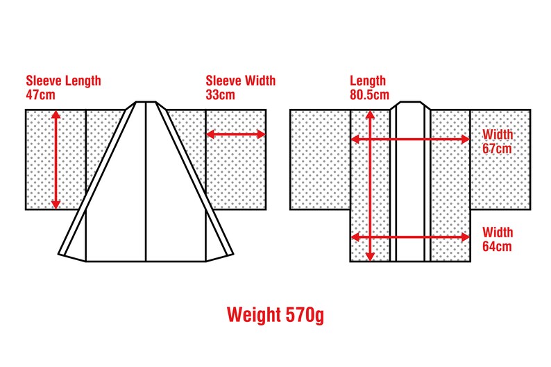 May include: A black and white line drawing of a kimono with measurements in centimeters. The kimono is 80.5 cm long, 67 cm wide at the shoulders, and 64 cm wide at the bottom. The sleeves are 47 cm long and 33 cm wide. The text "Weight 570g" is below the drawing.