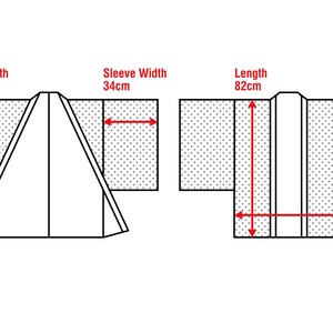 May include: Diagram showing the measurements of a kimono. The sleeve length is 47 cm, the sleeve width is 34 cm, the length is 82 cm, and the width is 64 cm.