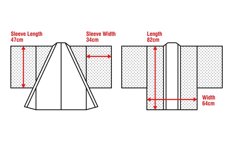 May include: Diagram showing the measurements of a kimono. The sleeve length is 47 cm, the sleeve width is 34 cm, the length is 82 cm, and the width is 64 cm.