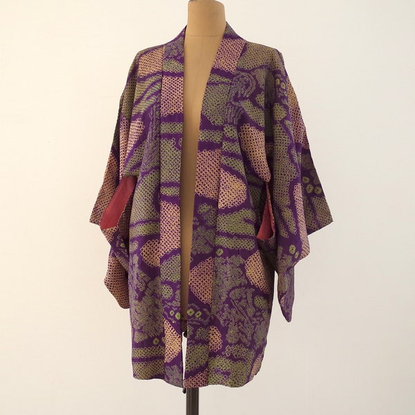 Veste Kimono pièce unique, Kimono soie japonais, Veste Kimono cousue main, Veste Kimono femme, haori shibori, Antiquité japonaise, shibori