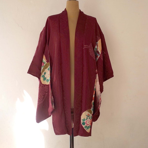 Veste Kimono pièce unique, Kimono soie japonais, Veste Kimono cousue main, Veste Kimono femme, haori shibori, Antiquité japonaise, shibori