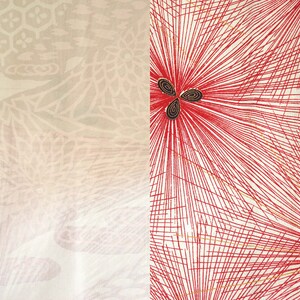 May include: A close-up of a fabric with a red and white geometric pattern. The pattern is made up of thin lines that radiate outward from a central point. The fabric has a subtle sheen.