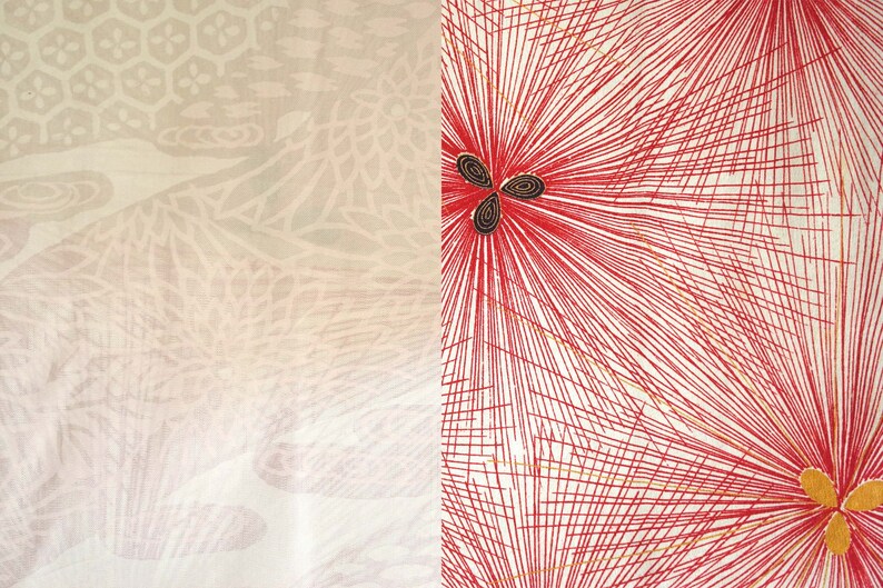 May include: A close-up of a fabric with a red and white geometric pattern. The pattern is made up of thin lines that radiate outward from a central point. The fabric has a subtle sheen.