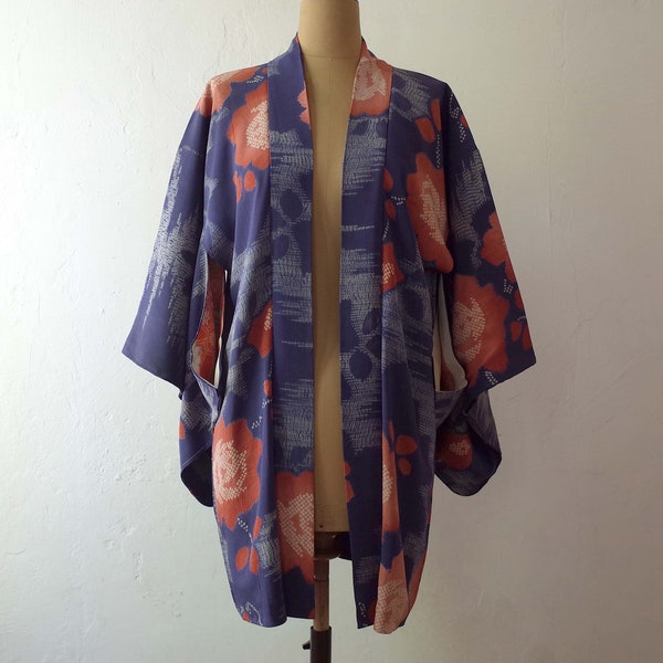 Veste Kimono pièce unique, Kimono soie japonais, Veste Kimono cousue main, Veste Kimono femme, haori shibori, Antiquité japonaise, shibori