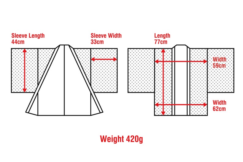 Op de afbeelding: Een zwart-witte lijntekening van een kimono met afmetingen in centimeters. De tekening toont de mouwlengte, de mouwbreedte, de lengte en de breedte van de kimono. De tekst "Gewicht 420g" is ook in de afbeelding opgenomen.