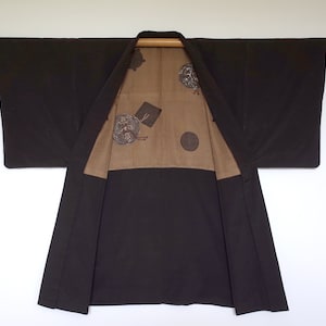 Veste Kimono en soie japonaise, Veste Kimono pièce unique cousue main, Veste Kimono homme, Antiquité japonaise, haori, kamon