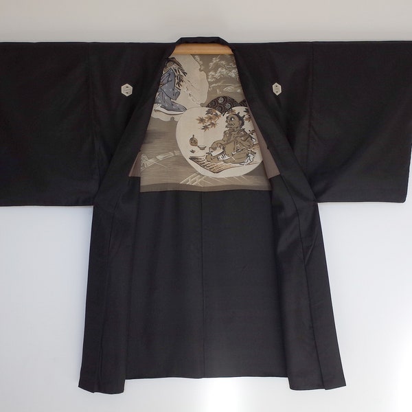 Veste Kimono pièce unique, Kimono soie japonais, Veste Kimono cousue main, Veste Kimono homme, Antiquité japonaise, haori, kamon