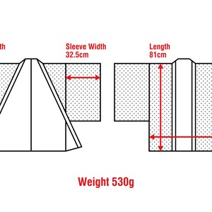 May include: A black and white illustration of a kimono with measurements in inches. The kimono has a sleeve length of 18.3 inches, a sleeve width of 12.8 inches, a length of 31.9 inches, and a width of 23.6 inches. The kimono weighs 530 grams.