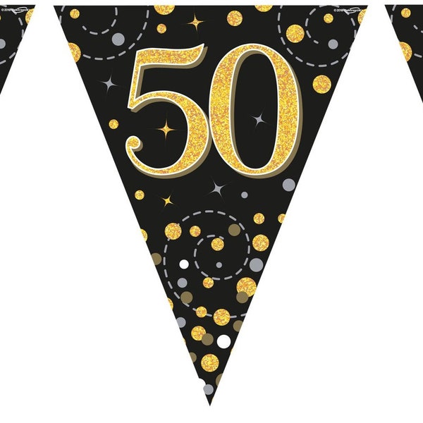 50th Birthday Black & Gold Bunting / Age 50 Birthday sparkle bunting / Foil birthday party decoration bunting (O)