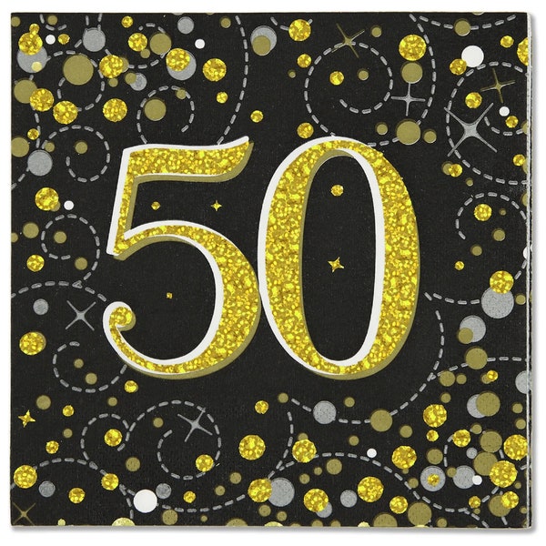 50th Birthday Foil Stamped Black Gold Sparkle Fizz Luxury 3ply Party Unisex Napkins Serviettes Tissue Age 50 Male & Female (16 napkins)