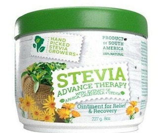 May include: A white jar with a green lid, labelled "STEVIA ADVANCE THERAPY", an ointment for relief and recovery. The label includes images of plants and flowers. The jar contains 227g of product.