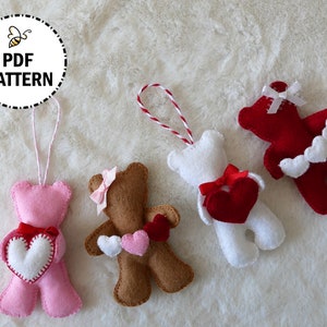 Felt Teddy Bear Ornament Sewing Pattern: Valentine&#39;s Decoration (PDF Digital Download)