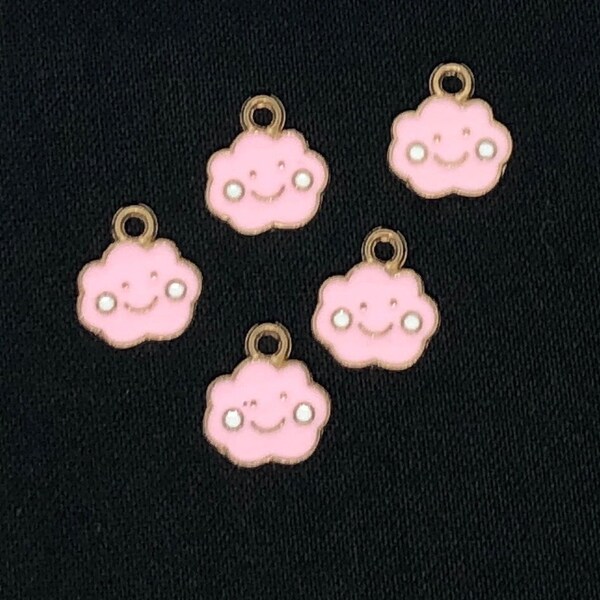 Cute Fun Happy Pink Cloud W/ Smiley Face Enamel Pendant/Charm Gold and Pink. For Jewlery Making or any Craft Project 5 Ct